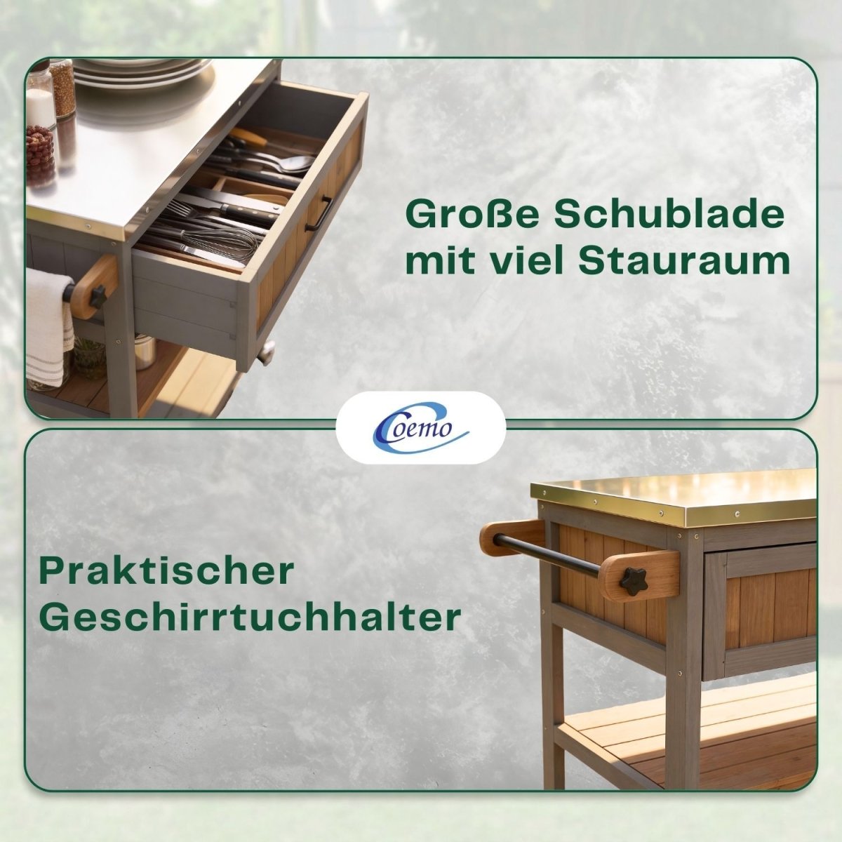 Coemo Servierwagen James aus Holz Kücheninsel/ - wagen Tischplatte Edelstahl und Rollen - Mein - Regal.de