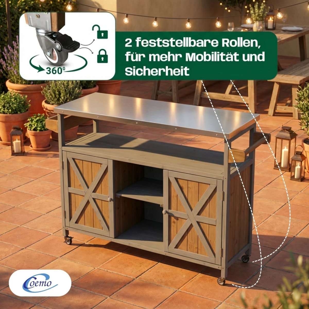 Coemo Servierwagen James aus Holz Kücheninsel/ - wagen Tischplatte Edelstahl und Rollen - Mein - Regal.de