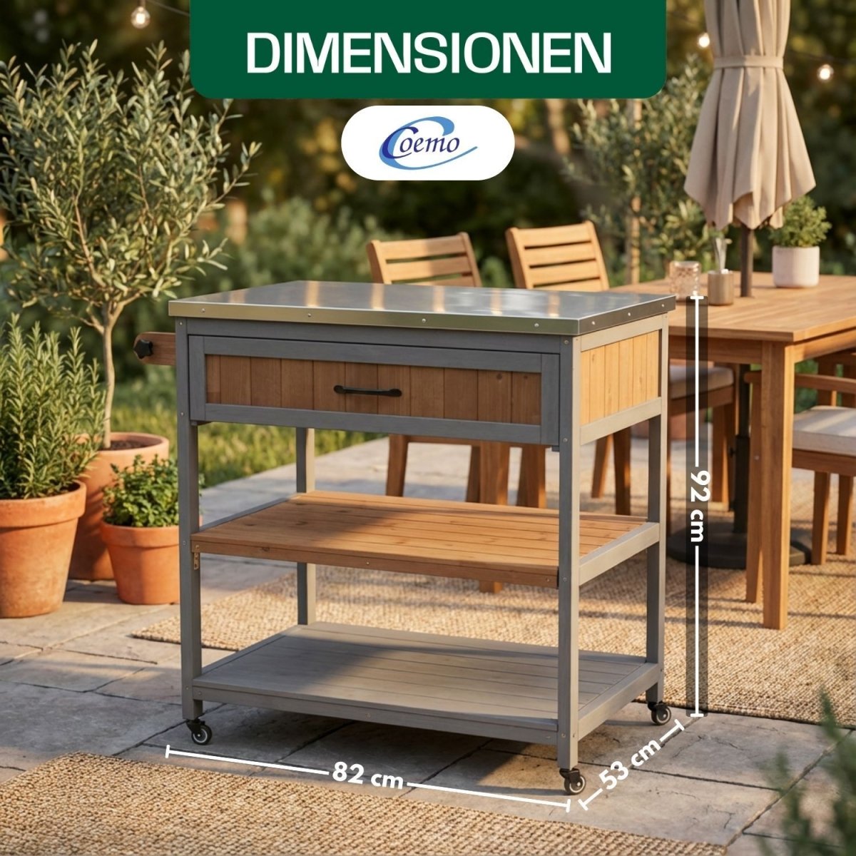 Coemo Servierwagen James aus Holz Kücheninsel/ - wagen Tischplatte Edelstahl und Rollen - Mein - Regal.de