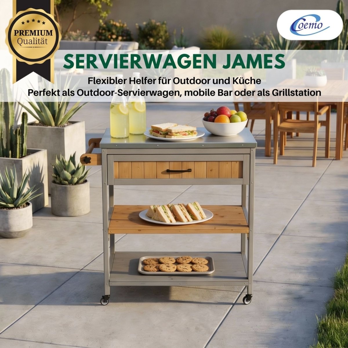Coemo Servierwagen James aus Holz Kücheninsel/ - wagen Tischplatte Edelstahl und Rollen - Mein - Regal.de