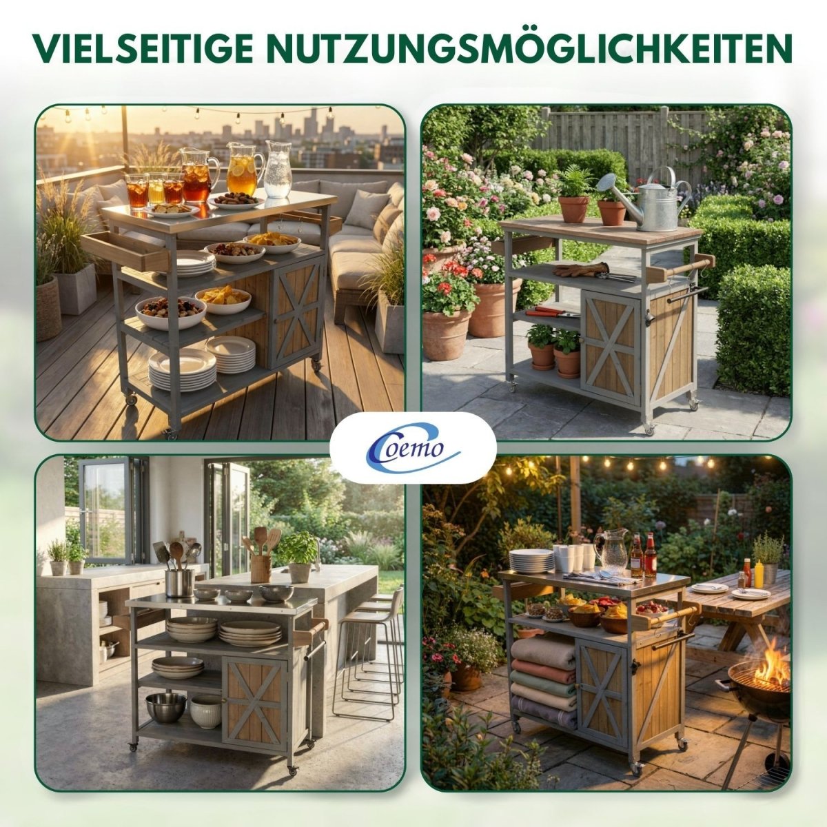 Coemo Servierwagen James aus Holz Kücheninsel/ - wagen Tischplatte Edelstahl und Rollen - Mein - Regal.de