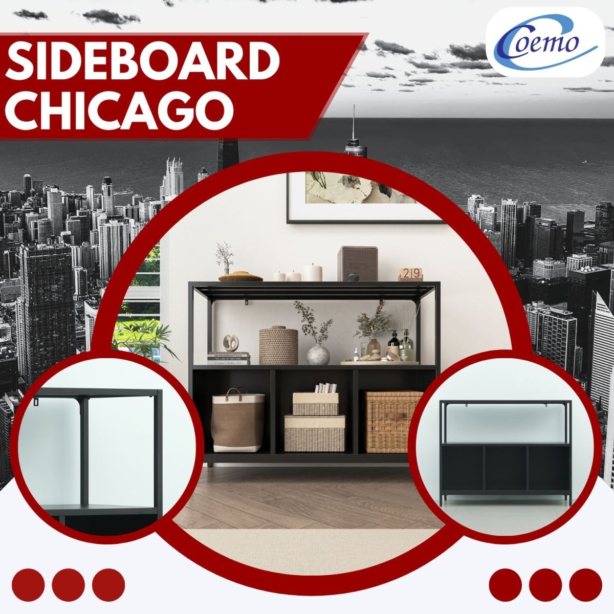 Coemo Sideboard Chicago mit 3 kleinen Fächern und 1 großem Regalfach