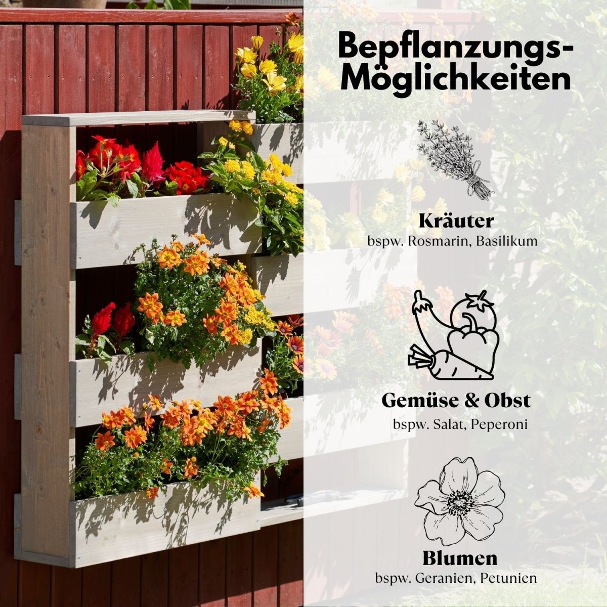 Coemo Vertikalbeet Riga Kräuterbeet Holz 6 Pflanzkästen Wandmontage