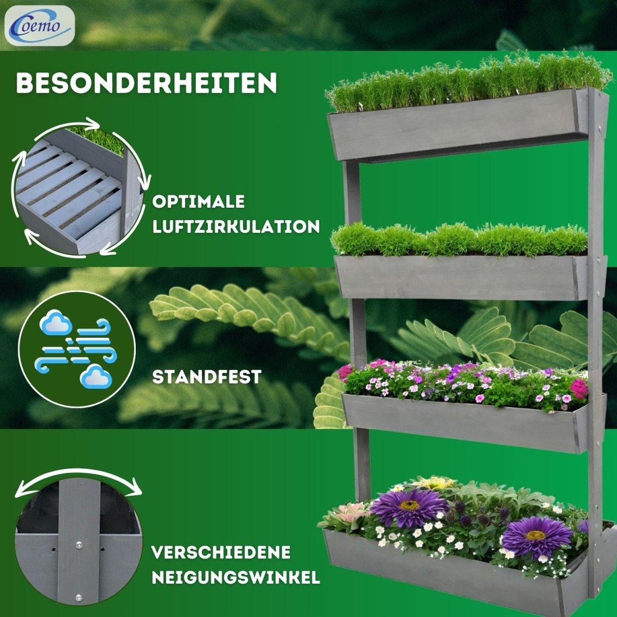 Coemo Vertikalbeet Vera aus Holz Hochbeet 4 Etagen Kästen höhenverstellbar und neigbar - Mein - Regal.de