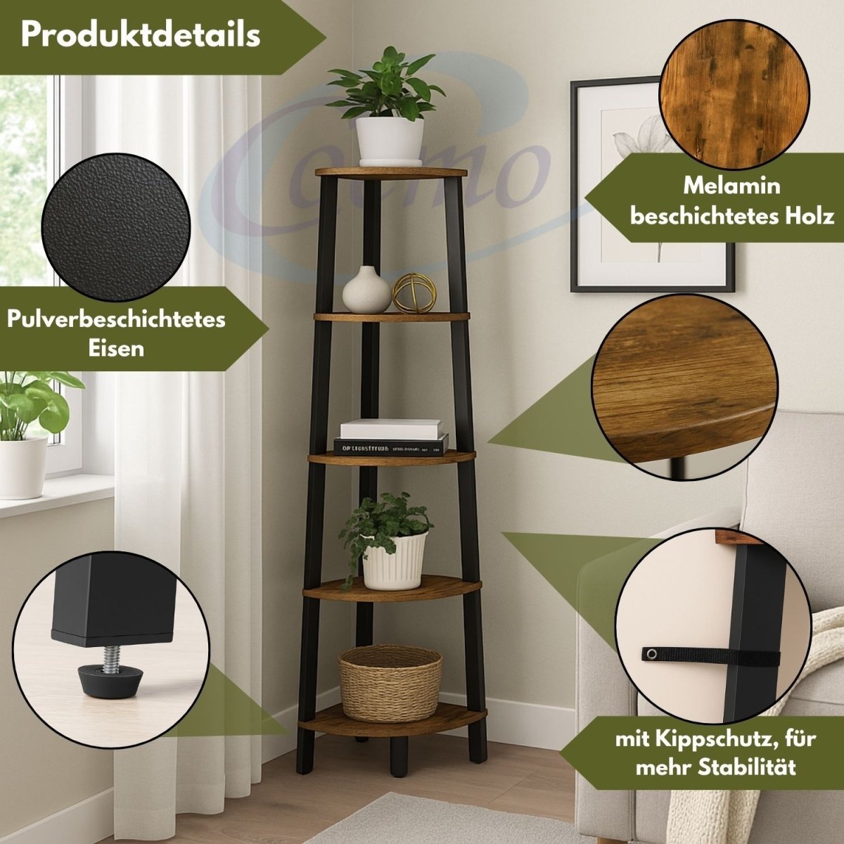 Mein - Regal 3 - seitiges Eckregal Vintage Metallregal mit 5 Holz Regalböden - Mein - Regal.de
