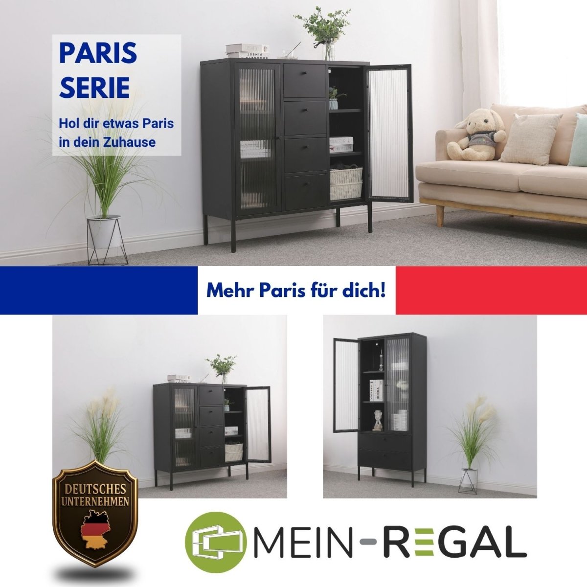 Mein-Regal Garderobenschrank Paris aus Metall mit 2 Schubladen und 1 Glastüre