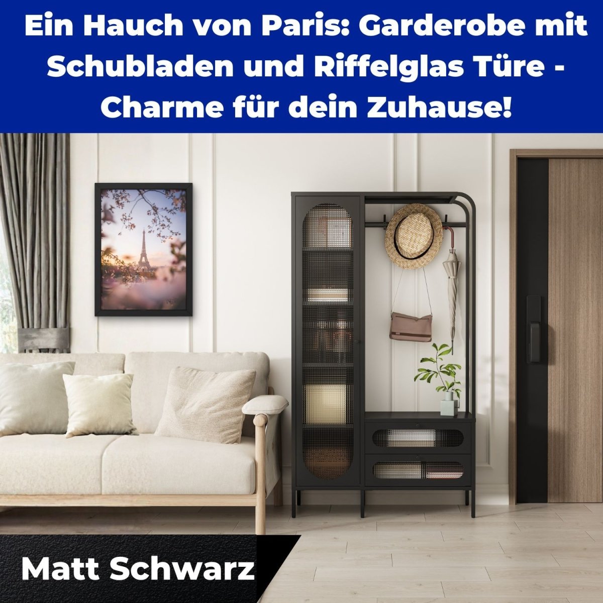 Mein-Regal Garderobenschrank Paris aus Metall mit 2 Schubladen und 1 Glastüre