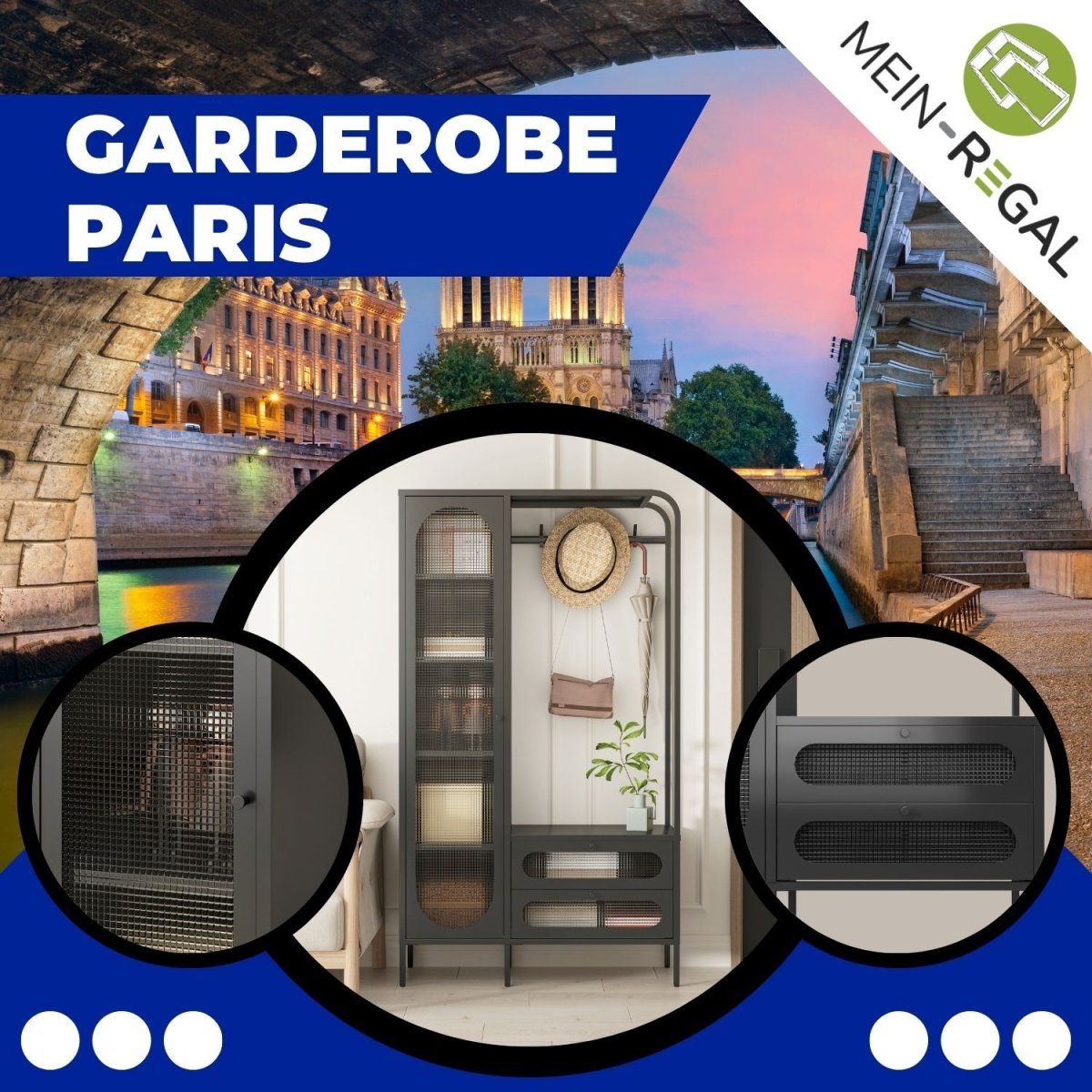 Mein-Regal Garderobenschrank Paris aus Metall mit 2 Schubladen und 1 Glastüre