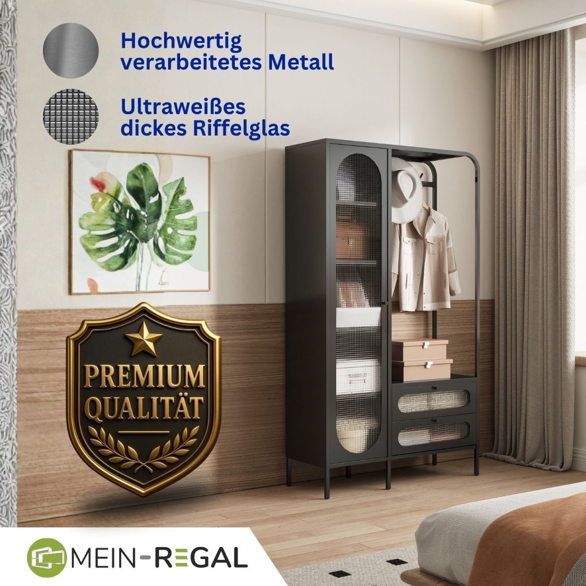 Mein-Regal Garderobenschrank Paris aus Metall mit 2 Schubladen und 1 Glastüre