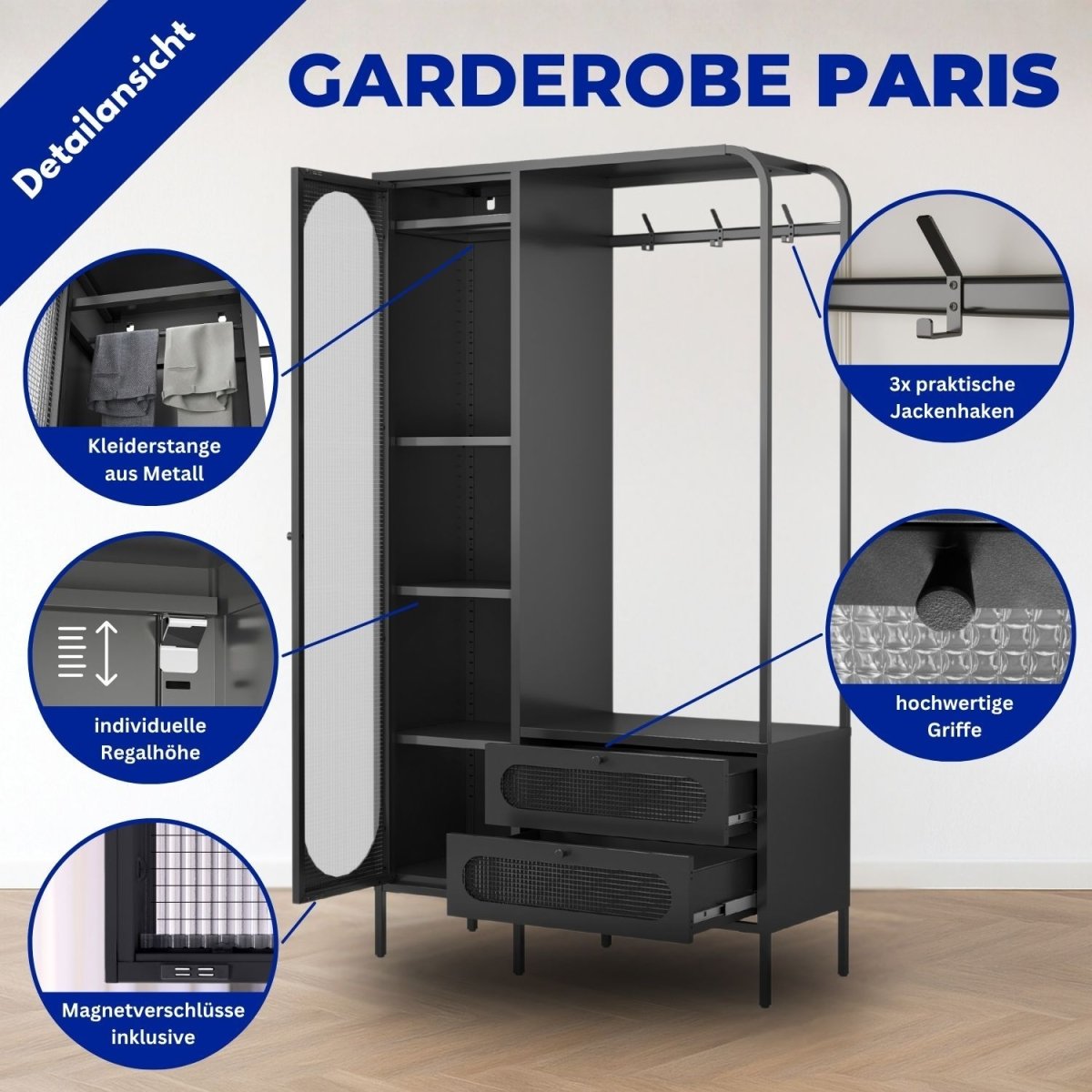 Mein-Regal Garderobenschrank Paris aus Metall mit 2 Schubladen und 1 Glastüre