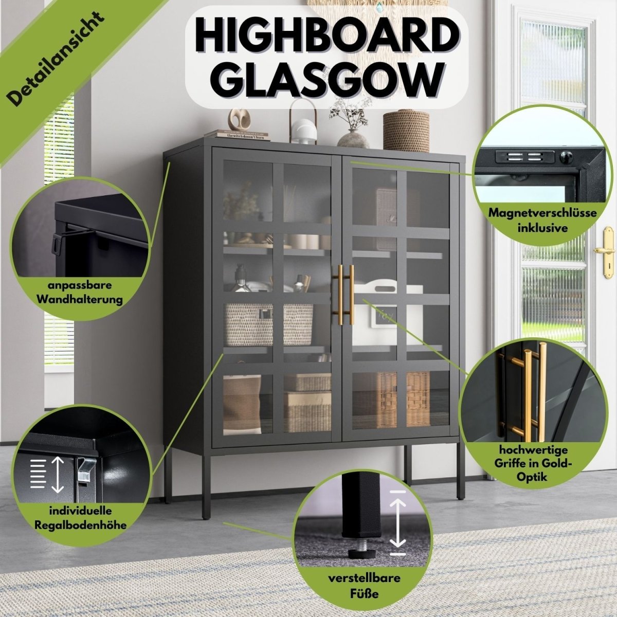 Mein - Regal Highboard Glasgow mit Glastüren - Mein - Regal.de