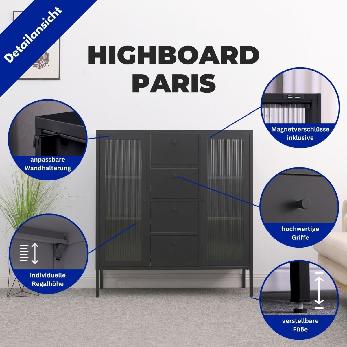 Mein-Regal Highboard Paris aus Metall mit 4 Schubladen und Glastüren - Mein-Regal.de