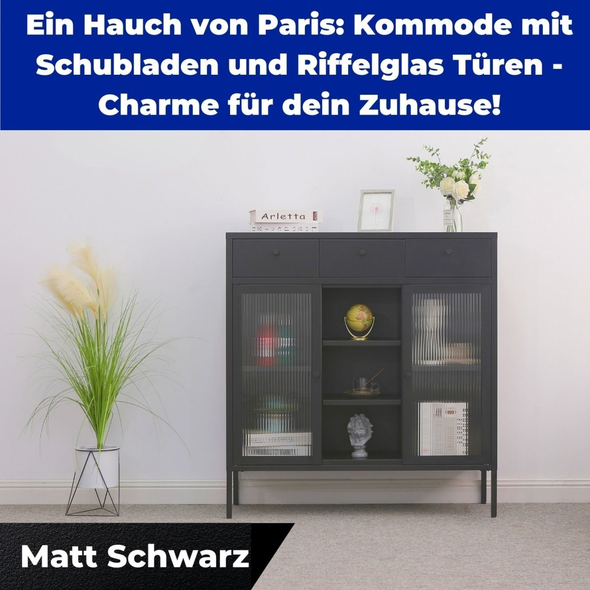 Kommode Paris Schwarz im Zimmer. Daneben eine Zimmerpflanze. Oben liegen Bücher, ein Bilderrahmen und Vase mit Blumen stehen.