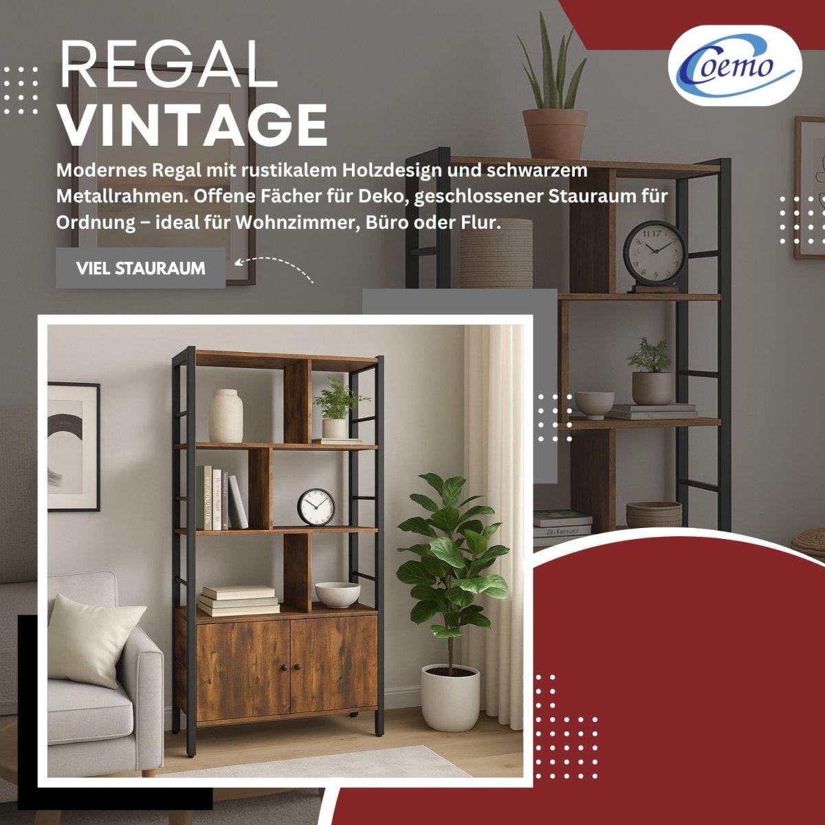 Mein - Regal Regal Vintage 74x30x155 cm mit 7 Fächern & 2 Türen Schrankelement aus Metall & Holz - Mein - Regal.de