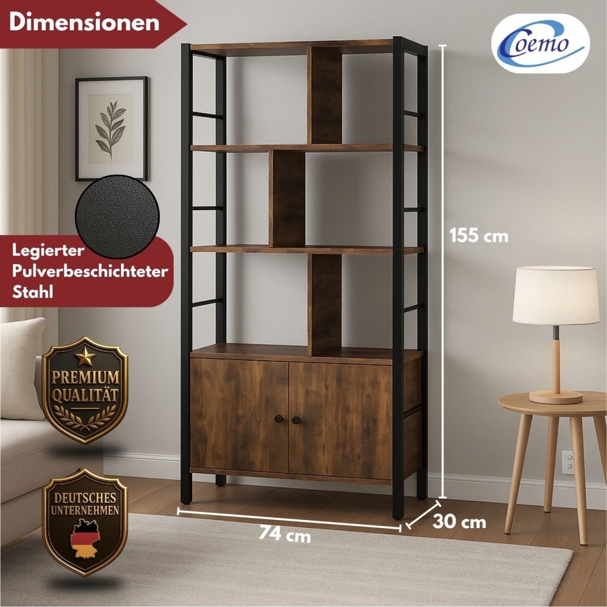 Mein-Regal Regal Vintage 74x30x155 cm mit 7 Fächern & 2 Türen Schrankelement aus Metall & Holz