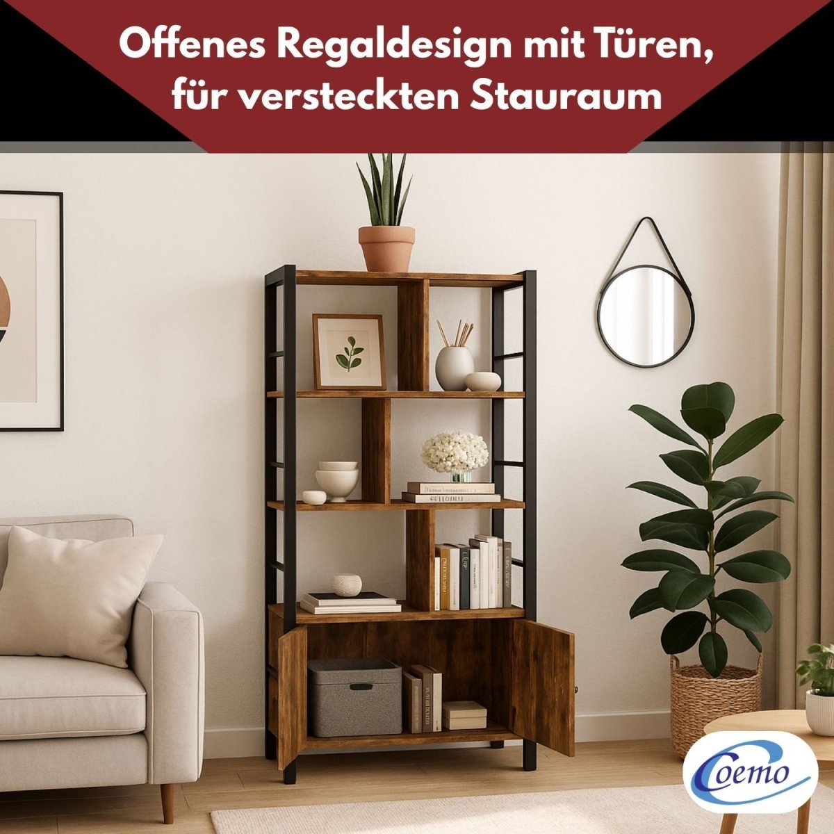 Mein-Regal Regal Vintage 74x30x155 cm mit 7 Fächern & 2 Türen Schrankelement aus Metall & Holz