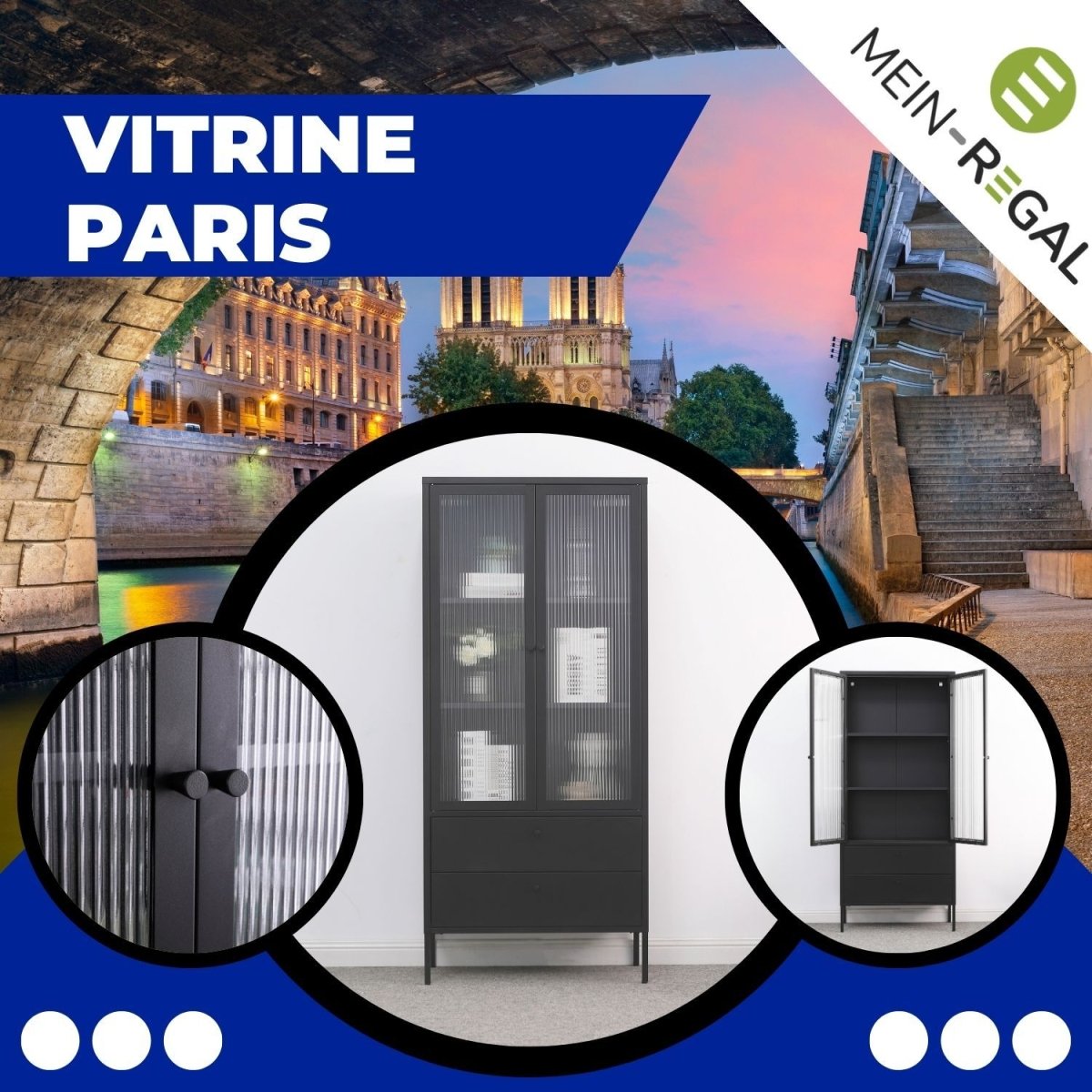 Metallvitrine Paris Schwarz mit Detailansicht der Türgriffe und der geöffneten Vitrine ohne Inhalt. Auf dem Hintergrundbild sind Gebäude aus Paris zu sehen.